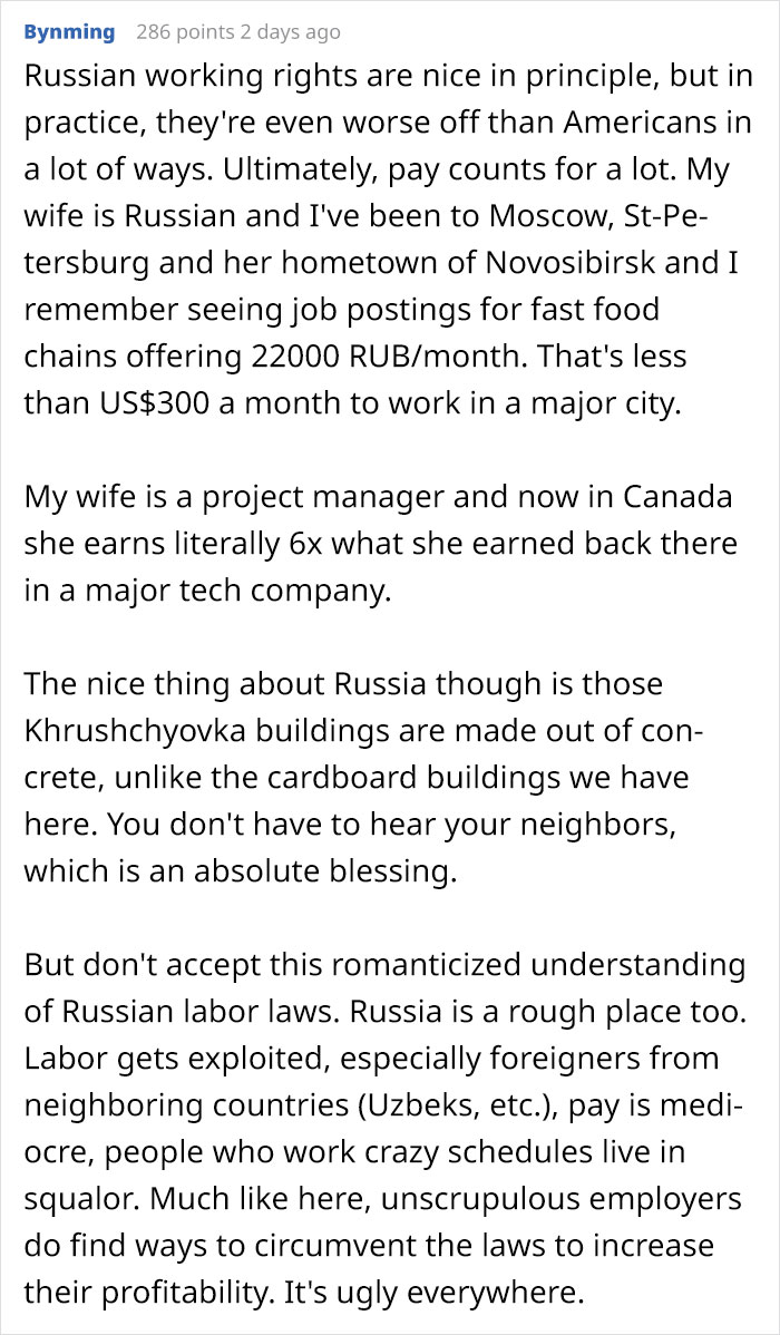 "With love to Russia:" Surprised by the working conditions in the United States, the person lists what it is like in Russia.