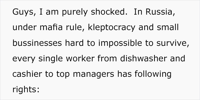 "From Russia With Love:" Shocked About Working Conditions In The USA, Person Lists What It's Like In Russia "From Russia With Love:" Shocked About Working Conditions In The USA, Person Lists What It's Like In Russia