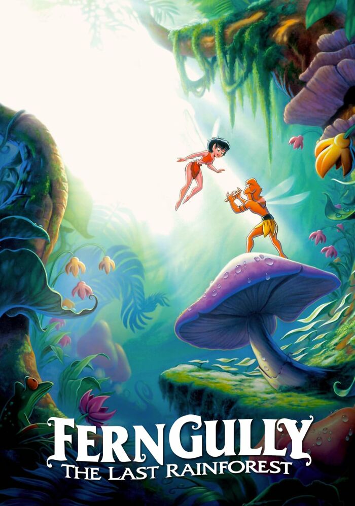 '90s kids movie poster of FernGully, featuring two characters in an enchanting rainforest setting.