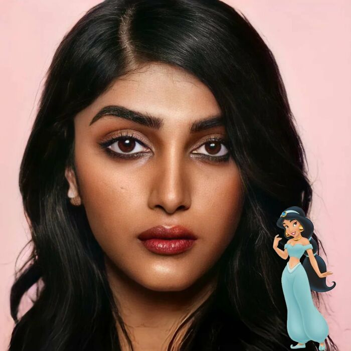 ai recreation of appearance in real life of Jasmine character from the cartoon 