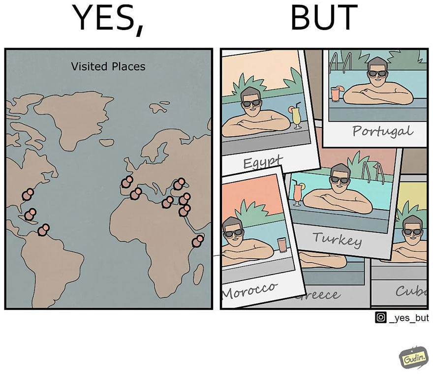 Artist's sarcastic comic on contradictory travel experiences, showing visited places map and identical pool photos in various countries.