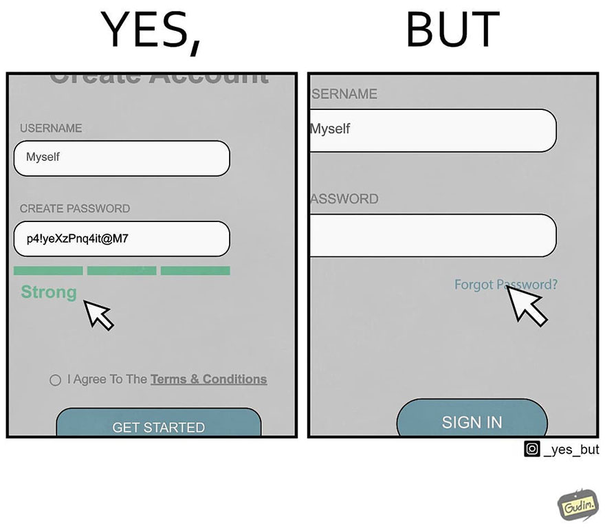 Comic illustrating contradictory society with a strong password creation followed by a forgotten password prompt.