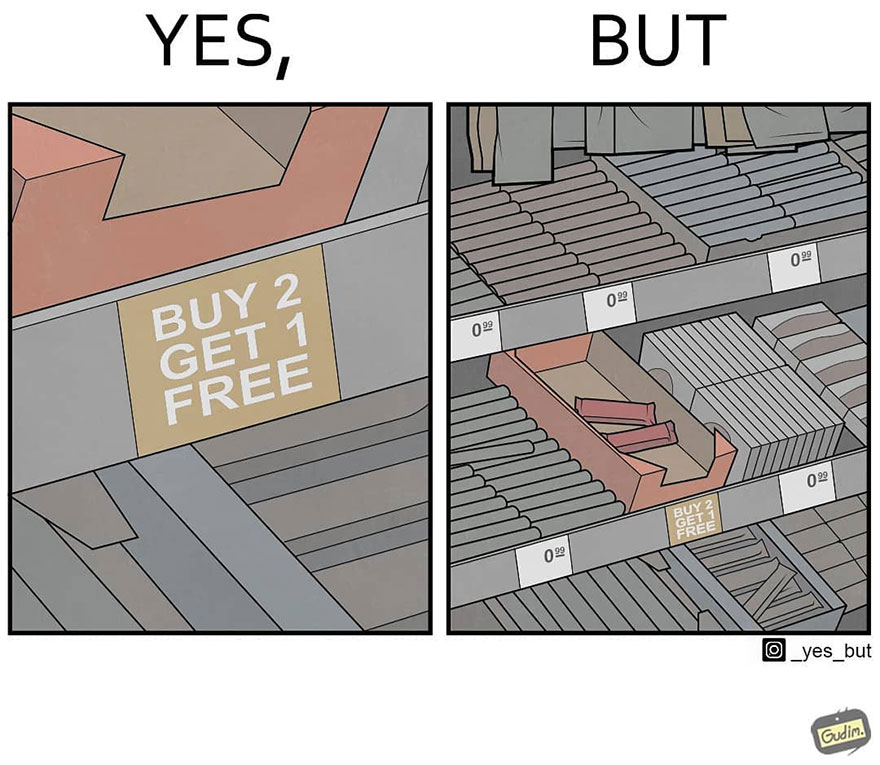 Sarcastic comic illustrating contradictory society with a "Buy 2 Get 1 Free" sign and an empty shelf.