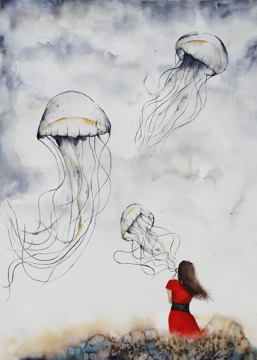 Girl And Jellyfishes By Evgenia Smirnova