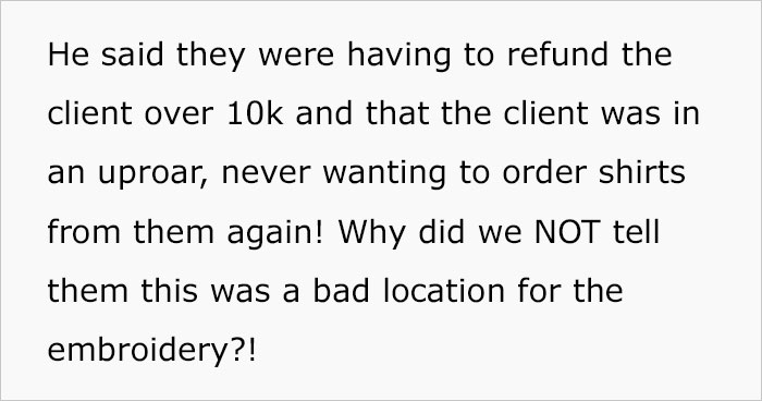 Manager Asks Lead Embroiderer To Stop Bugging Her With Quality Control Emails, Which Ends Up Costing The Company $10K Manager Asks Lead Embroiderer To Stop Bugging Her With Quality Control Emails, Which Ends Up Costing The Company $10K
