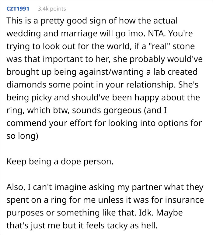 “AITA For Buying My Fiancée A Lab-Grown Diamond And Refusing To Exchange It For A Natural Stone?”