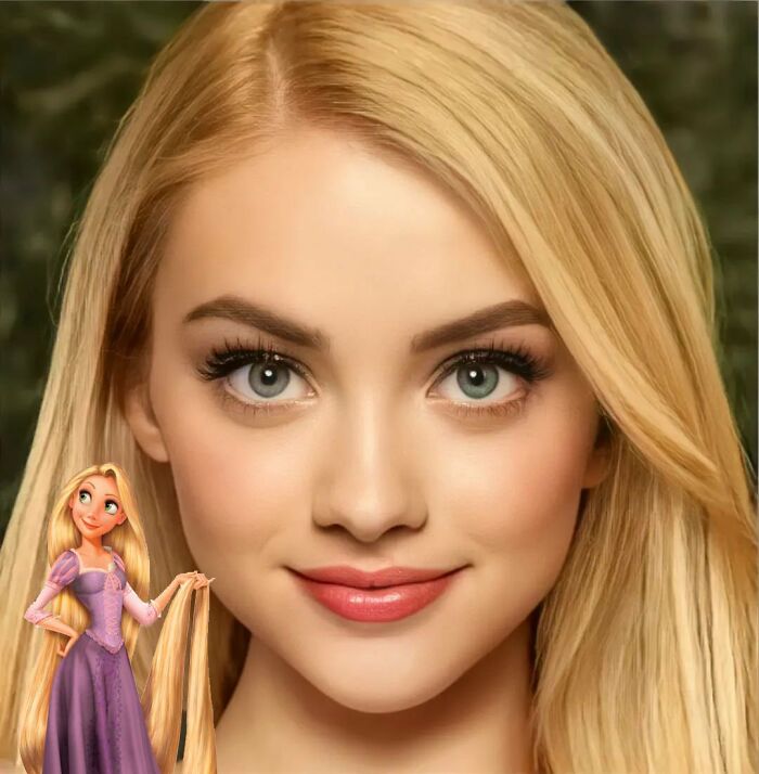 ai recreation of appearance in real life of Rapunzel character from the cartoon 