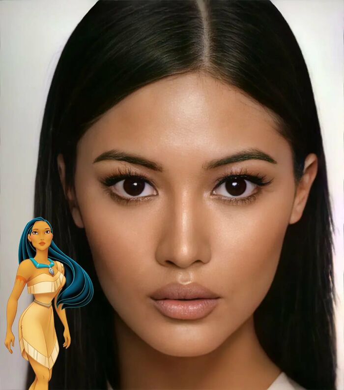 ai recreation of appearance in real life of Pocahontas character from the cartoon 
