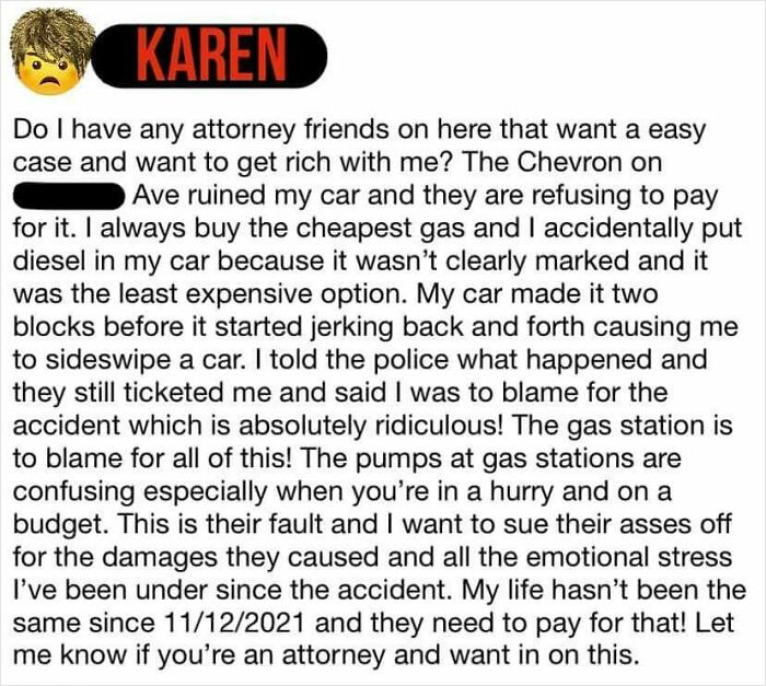 A Complete Karen Makes A Huge Mistake And Puts Diesel In Her Car... Which Is Now The Gas Station's Fault. Of Course