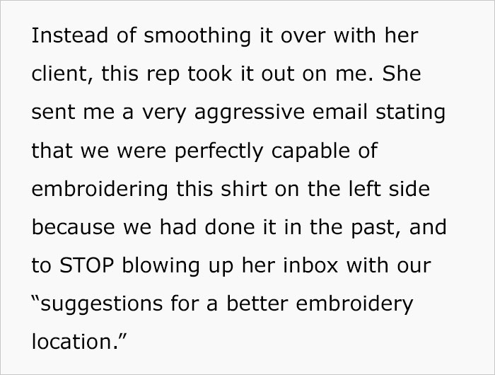 Manager Asks Lead Embroiderer To Stop Bugging Her With Quality Control Emails, Which Ends Up Costing The Company $10K Manager Asks Lead Embroiderer To Stop Bugging Her With Quality Control Emails, Which Ends Up Costing The Company $10K
