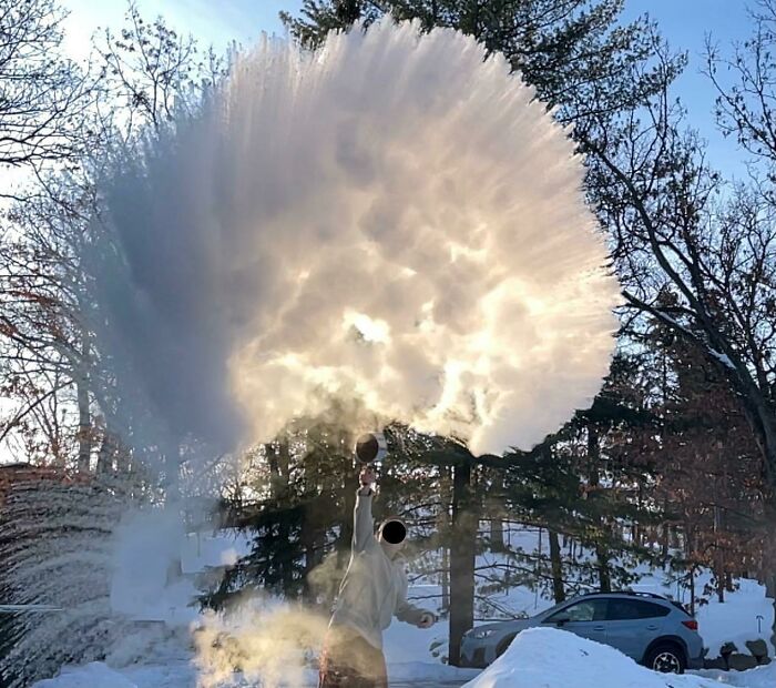 My Dad Throwing Boiling Water In The Air On A Very Cold Day