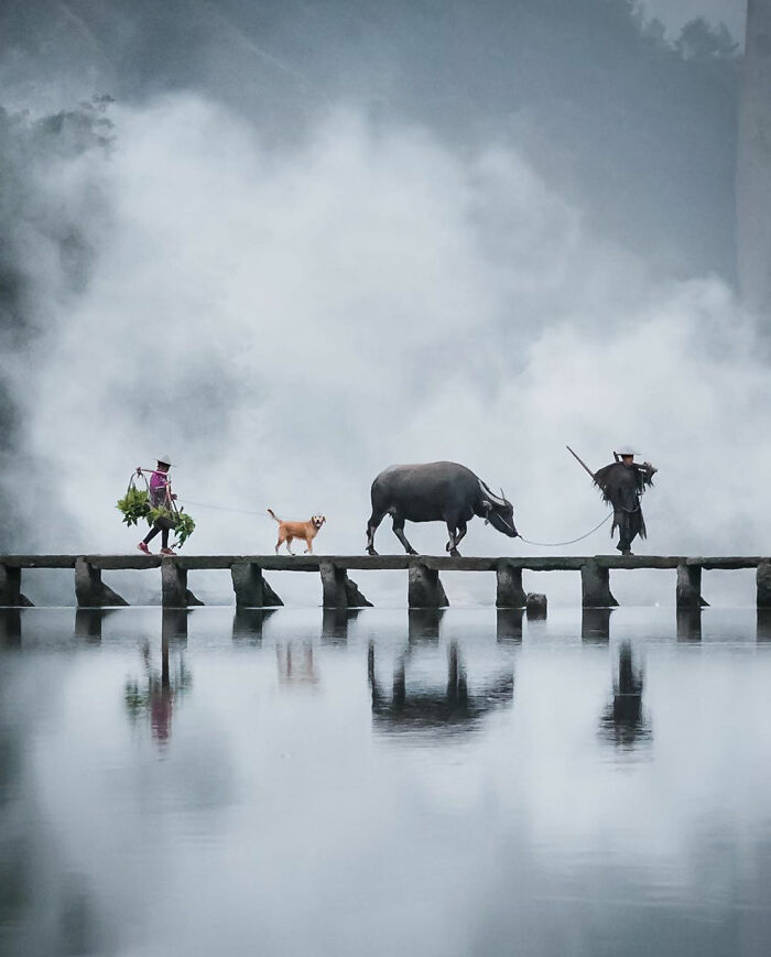 Una mañana nublada en la China rural