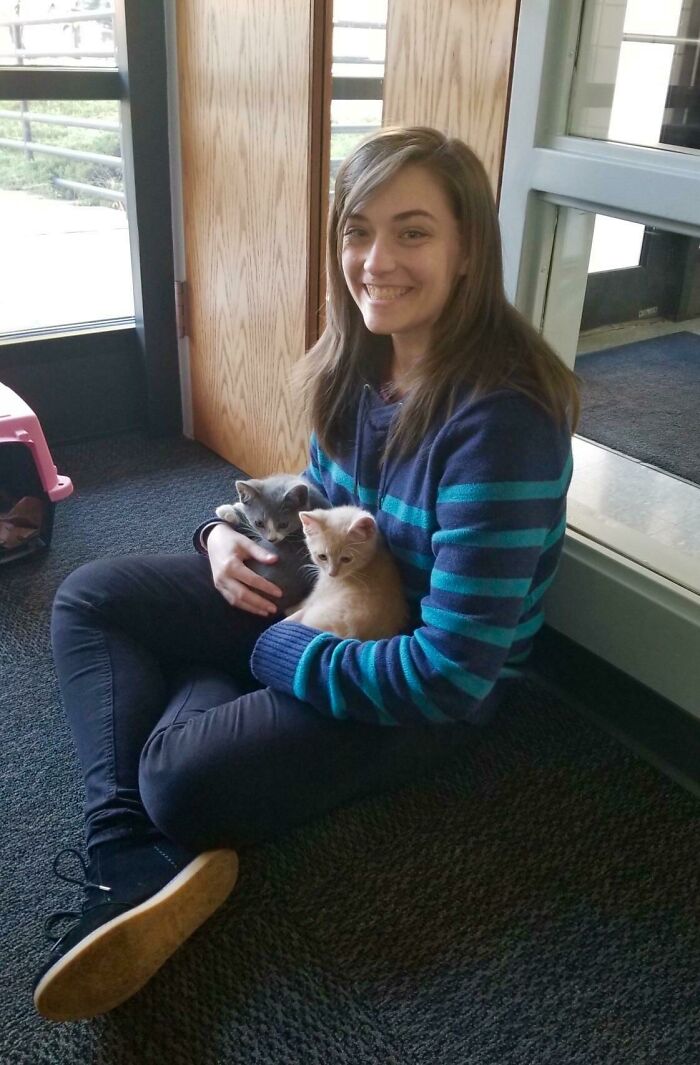 This Was My Face Of Pure Happiness When A Coworker Brought Two Kittens By The Office Yesterday. Sat There For An Hour While They Cuddled On My Lap