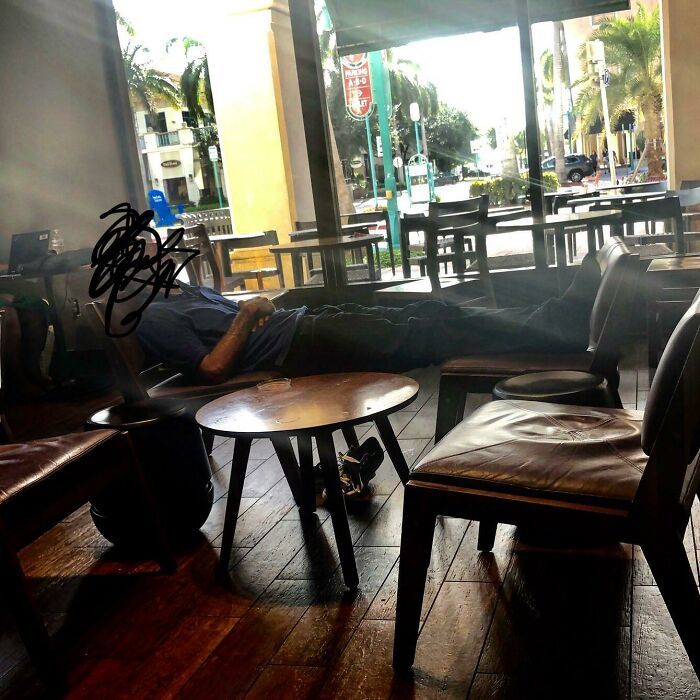 Spread Out, Shoes Off And Under Table, Asleep At Starbucks