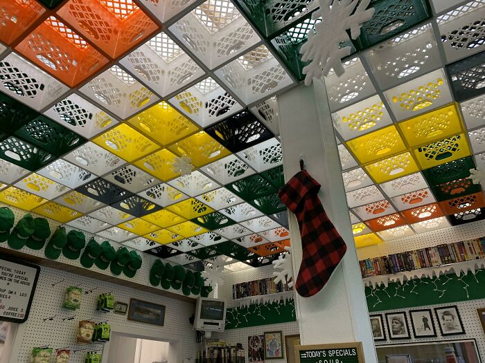 The Ceiling Of My Local Deli Is Covered With Milk Crates
