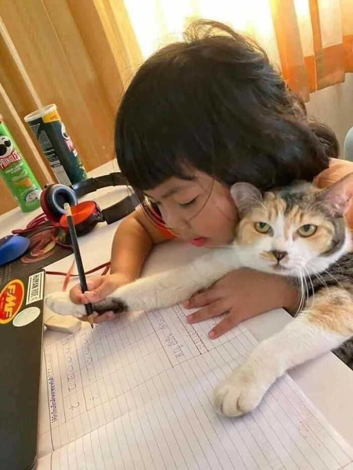 Una niña enseñándole a escribir a su gato 