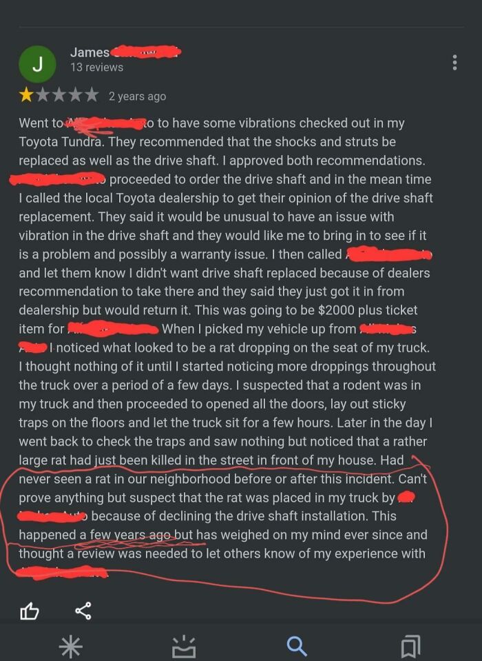 Dude Claims We Planted An Attack Rat In His Truck. Leaves A 1 Star Review Years After The Fact. Can't Make This S**t Up.