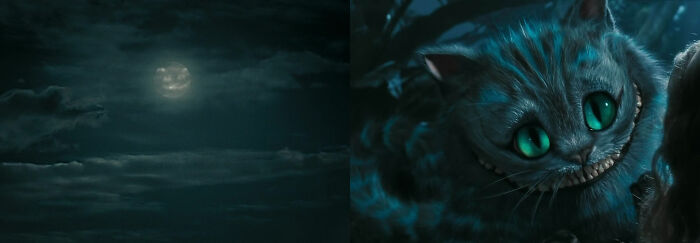 In The Opening Titles Of Alice In Wonderland (2010), You Can See The Cheshire Cat's Face On The Moon For A Split Second. I Sharpened The Image On The Left To Make It More Visible