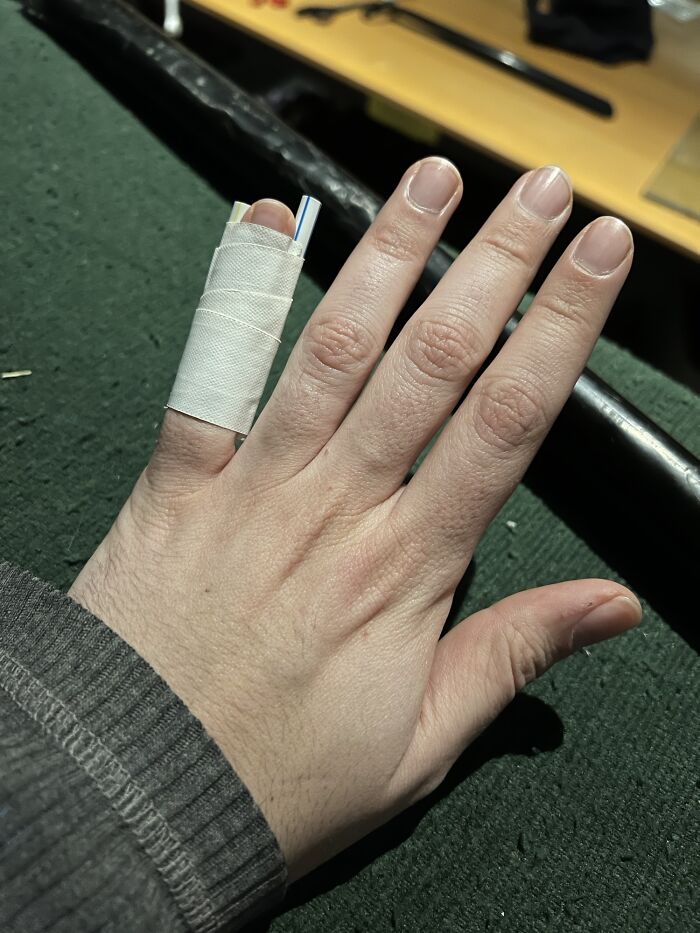 Sprained My Pinky Finger At Work. Made A Split Out Of Tape And Straw For The Time Being