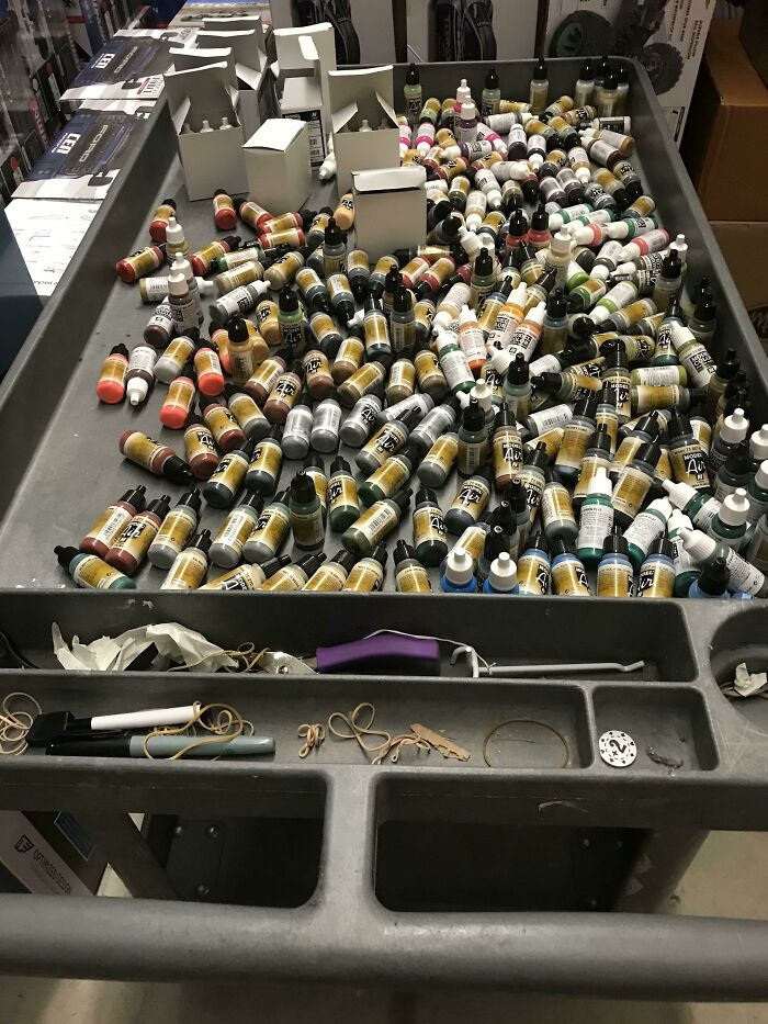 At Work I Had These Bottles Of Paint Pretty Well Sorted By Color, Then Bumped The Cart Into Something Moving It