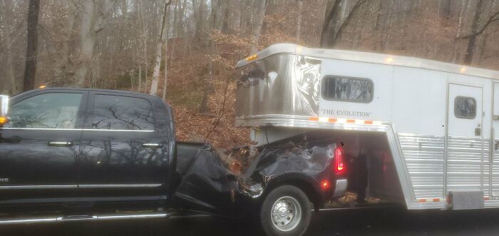 Friend Was Driving Down The Road And A Tree Fell On The Bed Of His Truck, Missing Passengers In The Back Seat And Horses In The Trailer He Was Pulling