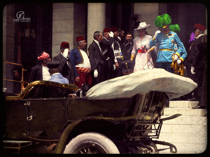 Archiduque Franz Ferdinand y su esposa minutos antes del asesinato que conduciría a la Primera Guerra Mundial, 1914 [coloreada]