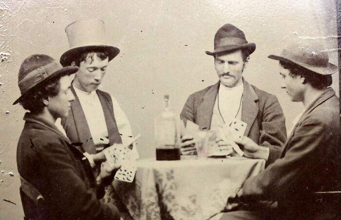 One Of Only Two Certified Photographs Of Billy The Kid (Top Hat). Playing Cards With His Accomplices. 1877
