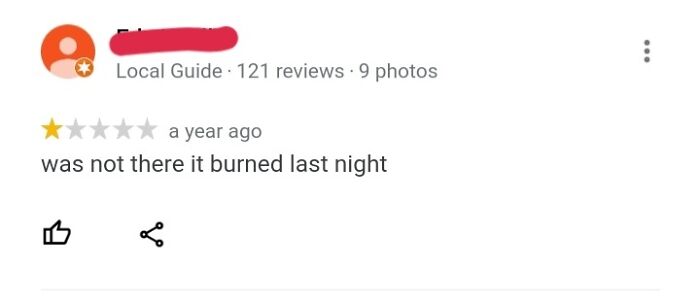 Pizza Place Burnt Down, 1 Star