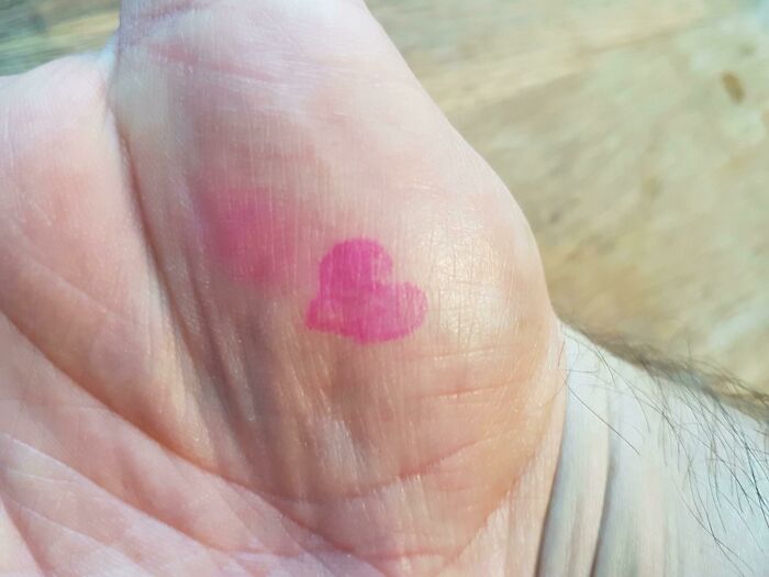 This Little Heart On My Hand Is Called A "Cuddle Button". Since My Wife Died Last Year, My 4y/O Daughter Has Hated Being Away From Me. Her Teacher Draws This On Both Our Hands When I Drop Her Off At School And Every Time We Press It, It Sends A Hug To The Other. It Helps Her Feel Connected To Me.