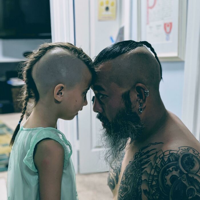 My Six Year Old Daughter Has Been Asking For Months To Have A Mohawk Like Her Daddy. I Cut It For Her Today. My Kid Is A Right Badass.