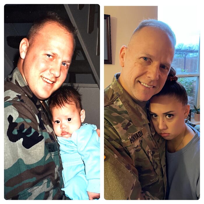 27 años entre fotos de mi hija y yo. Ella es ahora una dama y yo sigo en el ejército.