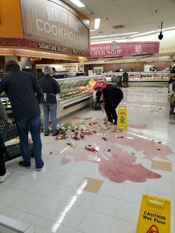 Elderly Lady Tipped Over The Wine Display, Employee Knocked A Few More Over Trying To Save It
