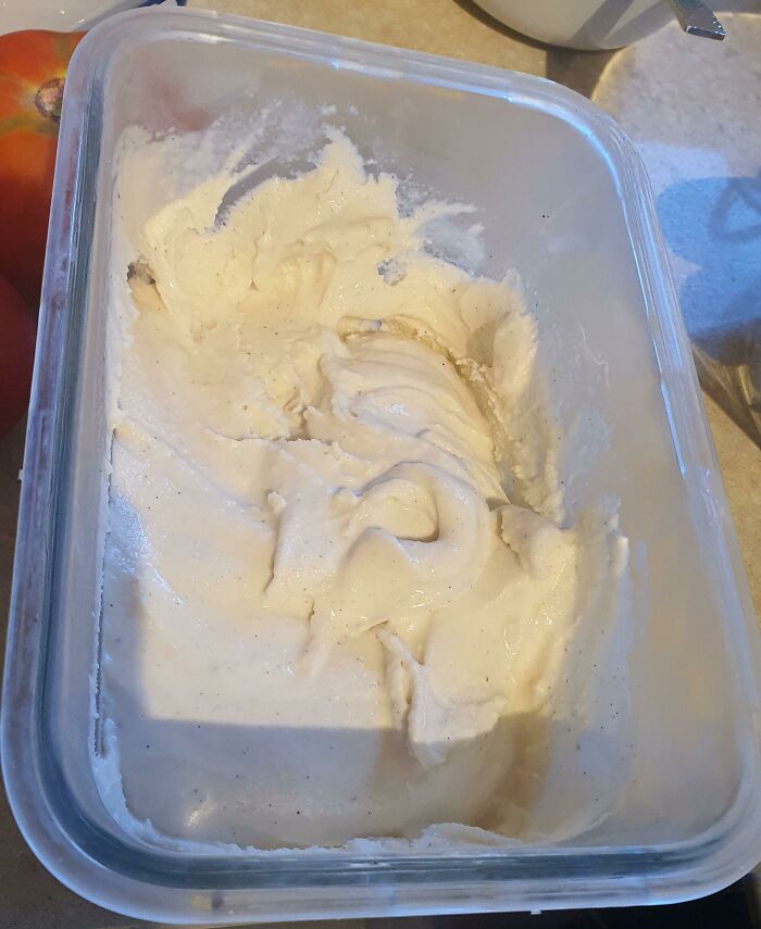My First Ever Homemade Vanilla Ice Cream. Unfortunately, The Recipe Didn't Call For 150g Salt And A Pinch Of Sugar