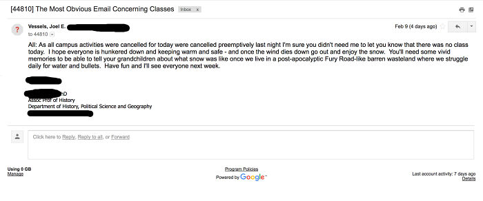 This Is The Email My Western Civilization Professor Sent Me Regarding Our Snow Day...