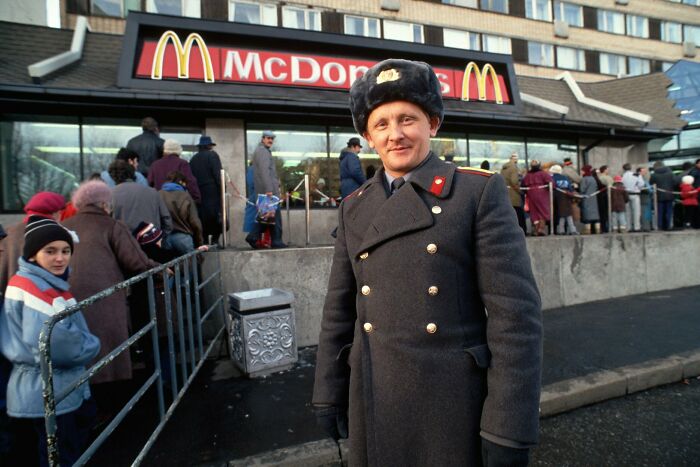 Soviet Policeman Outside Of The First Mcdonalds In The USSR, Moscow,1990
