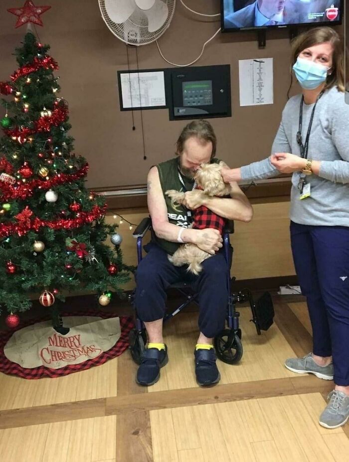 This Man Was Forced To Give His Dog To The Humane Society Due To Undergoing Lengthy Hospital Stay. This Nurse Found Out And Immediately Went To The Shelter And Adopted His Dog. She Brings Him To Visit Daily And Will Return Him As Soon As The Man Is Released!