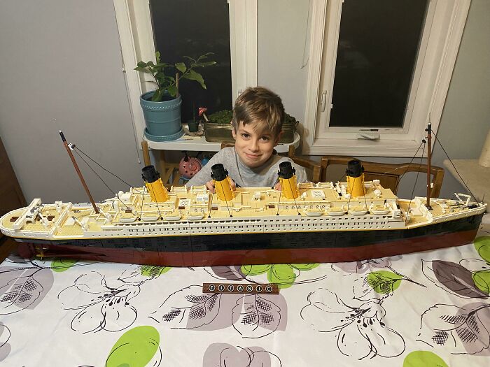 My Son Finished His LEGO Titanic Tonight. It’s Almost As Long As He Is. He Was So Proud