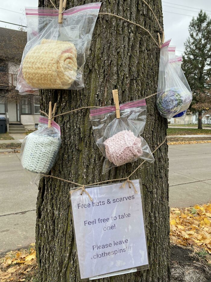 Someone In My Neighborhood Knitted Up Some Hats And Scarves And Left Them Out For Free. It’s Getting Cold In Minnesota