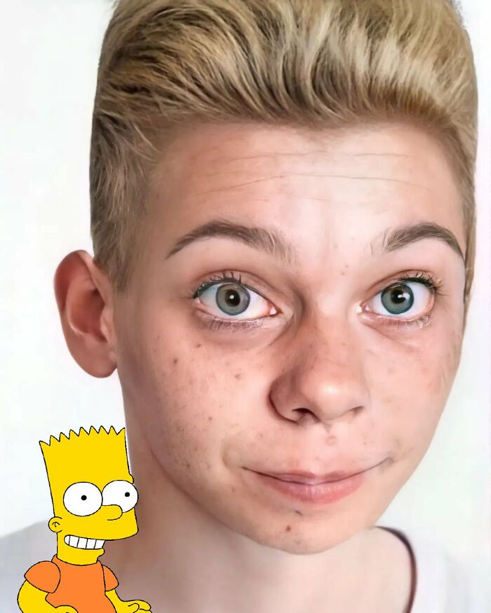 ai recreation of appearance in real life of Bart Simpson character from the cartoon 