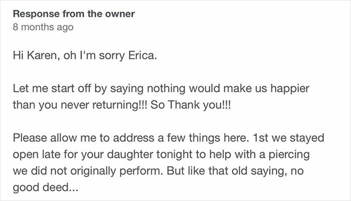 People Are Cracking Up At This Reply By A Piercing Studio Owner In Response To ‘Karen’ Leaving 1-Star Review