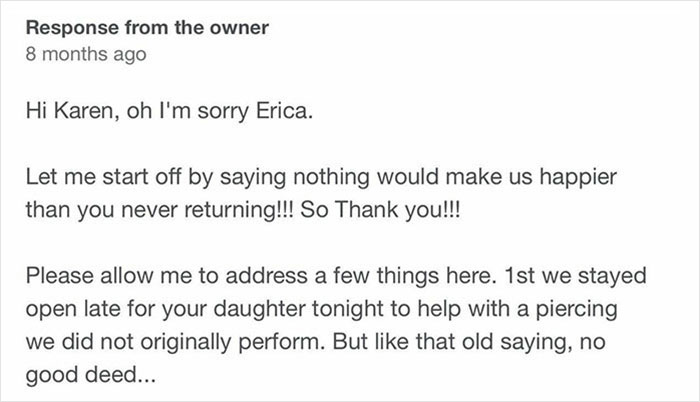 People Are Cracking Up At This Reply By A Piercing Studio Owner In Response To ‘Karen’ Leaving 1-Star Review People Are Cracking Up At This Reply By A Piercing Studio Owner In Response To ‘Karen’ Leaving 1-Star Review