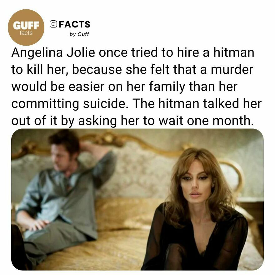 😲 The Face Spoke At More Length With Angelina Jolie About The Incident And Why She Felt Compelled To Hire A Hitman To Carry Out Her Death. “They’re Not That Hard To Find In New York,” She Responded. “As Insane As It Sounds, I Think A Lot Of People Consider Suicide When They’re Young,” Jolie Admitted.⁠
“I Was Very Aware That So Many People Around Me, Like My Mother, Would Feel As Though They Didn’t Give Enough Or Do Enough, If I’d Taken My Own Life,” Jolie Continued. “So My Solution To That Was If Someone Else Had Taken My Life – Like In A ‘Robbery’ – Then It Would Be Murder And It Wouldn’t Be That Anyone Would Feel They’d Let Me Down.”⁠
⁠
_____⁠
⁠
🧐 Jolie Even Got As Far As Hiring The Contract Killer And Planned To “Take Out Cash Over A Certain Amount Of Time, So There Wasn’t A Big Chunk In My Bank Account” To The Killer. However, Remarkably, It Wasn’t Jolie Who Had A Change Of Heart, But The Hitman Persuaded Her To Carry On Living.⁠
“He Was A Decent Enough Person And Asked If I Could Think About It And Call Him Again In Two Months,” She Explained. “Something Changed In My Life And I Figured I’d Stick It Out.”⁠
as Bizarre As It Sounds, We’ve Got A Hitman With A Conscience To Thank For Jolie Being Here Today. Her Mental Health Troubles Didn’t End That Day, Jolie Would Suffer A Nervous Breakdown At 24, But Once She Had Her First Child, She Got That Stability In Her Life That She Always Craved.⁠
⁠
_____⁠
⁠
source: Link In Our Bio. 🔗