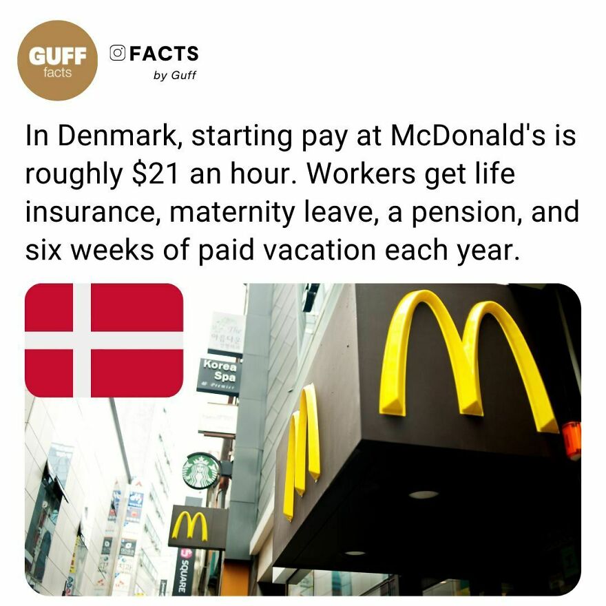 🇩🇰 A 3f (United Federation Of Danish Workers) Union Representative Said That Agreements Are Renewed Every Few Years. The Most Recent Agreement From 2020 Has Mcdonald’s Employees Over The Age Of 18 Earning A Minimum Of Dkk 127,24 (About $20.59) Per Hour, With A Slight Increase In 2021 (Dkk 129,74 Or About $21 Per Hour) And 2022 (Dkk 132,24 Or $21.40).⁠
as For Paid Vacations, Every Working Person In Denmark Is Entitled To Five Weeks Of Paid Vacation, Thanks To The Country’s “Holiday Act.”⁠
⁠
_____⁠
⁠
💸 These Wages Were Not Determined By The Country’s Minimum Wage. In Fact, Denmark Does Not Have A Nationwide Minimum Wage. Rather, The Country Has A Robust Union Presence And Issues Such As Wages And Vacation Time Are Often Decided Via Collective Bargaining.⁠
⁠
_____⁠
⁠
source: Link In Our Bio. 🔗