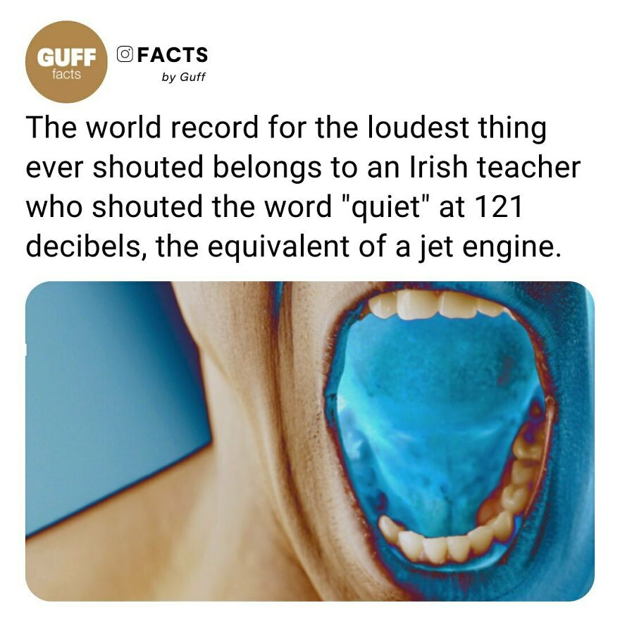 👩‍🏫 An Elementary Teacher From County Down Has Been Re-Entered In To The "Guinness Book Of Records" For Having The Loudest Voice In The World.⁠
annalisa Flanagan's Shout Is The Equivalent Volume To That Of A Jet Engine, A Rock Concert Or 121 Decibels. She Has Held The Record For Over A Decade.⁠
⁠
_____⁠
⁠
😱 Back In 1992 Annalisa And Her Twin Began Their Quest In A Local "Records Night" Where Guinness Entries Were Challenged. The Noisy Pair Managed To Reach 119 Decibels But Annalisa Was The Loudest Of The Pair.⁠
⁠
_____⁠
⁠
source: Link In Our Bio.🔗