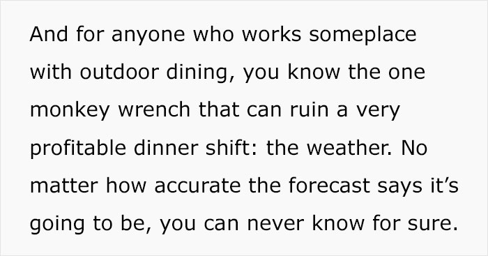 “A Cosmo In One Hand And Filet Mignon In Another”: Rude Karen Won’t Listen To Waiter’s Warning About Rain, Loses The Table For The Whole Group “A Cosmo In One Hand And Filet Mignon In Another”: Rude Karen Won’t Listen To Waiter’s Warning About Rain, Loses The Table For The Whole Group