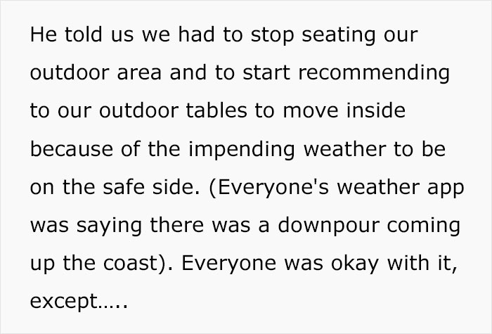 “A Cosmo In One Hand And Filet Mignon In Another”: Rude Karen Won’t Listen To Waiter’s Warning About Rain, Loses The Table For The Whole Group “A Cosmo In One Hand And Filet Mignon In Another”: Rude Karen Won’t Listen To Waiter’s Warning About Rain, Loses The Table For The Whole Group