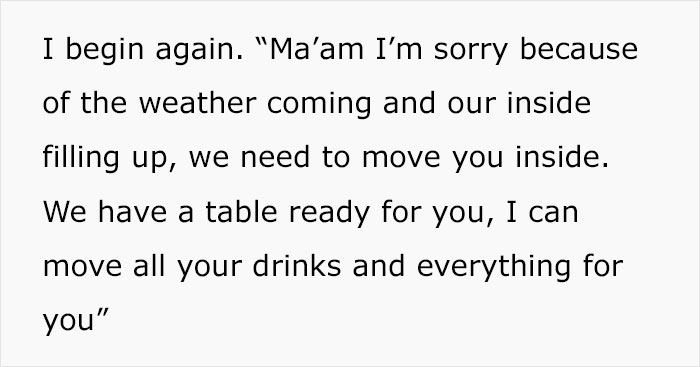 “A Cosmo In One Hand And Filet Mignon In Another”: Rude Karen Won’t Listen To Waiter’s Warning About Rain, Loses The Table For The Whole Group “A Cosmo In One Hand And Filet Mignon In Another”: Rude Karen Won’t Listen To Waiter’s Warning About Rain, Loses The Table For The Whole Group