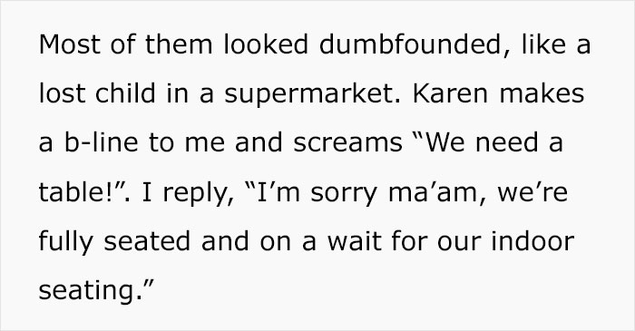 “A Cosmo In One Hand And Filet Mignon In Another”: Rude Karen Won’t Listen To Waiter’s Warning About Rain, Loses The Table For The Whole Group “A Cosmo In One Hand And Filet Mignon In Another”: Rude Karen Won’t Listen To Waiter’s Warning About Rain, Loses The Table For The Whole Group