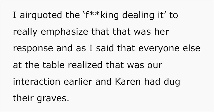 “A Cosmo In One Hand And Filet Mignon In Another”: Rude Karen Won’t Listen To Waiter’s Warning About Rain, Loses The Table For The Whole Group “A Cosmo In One Hand And Filet Mignon In Another”: Rude Karen Won’t Listen To Waiter’s Warning About Rain, Loses The Table For The Whole Group