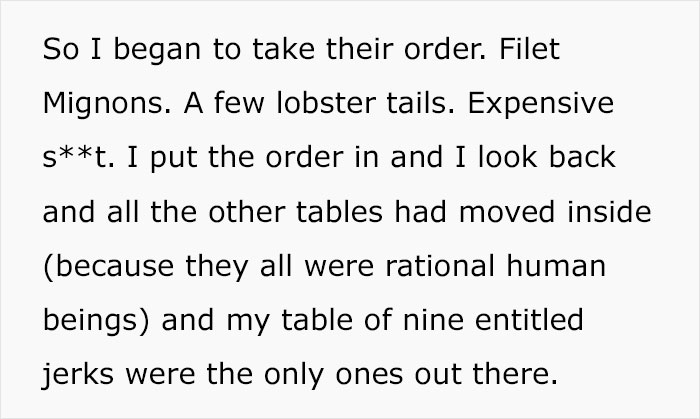 “A Cosmo In One Hand And Filet Mignon In Another”: Rude Karen Won’t Listen To Waiter’s Warning About Rain, Loses The Table For The Whole Group “A Cosmo In One Hand And Filet Mignon In Another”: Rude Karen Won’t Listen To Waiter’s Warning About Rain, Loses The Table For The Whole Group